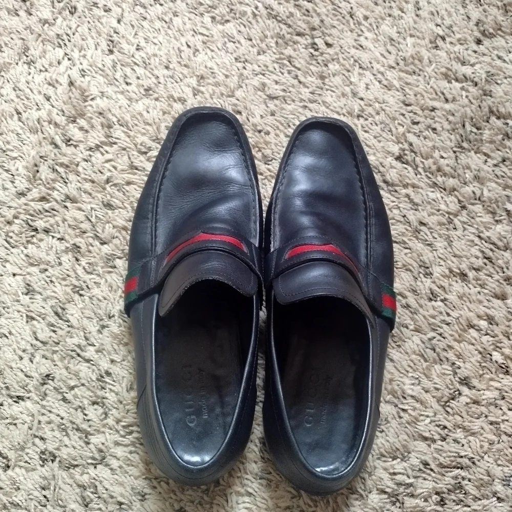 GUCCI  FLAG Black Leather Boat Deck Loafers sz 9
